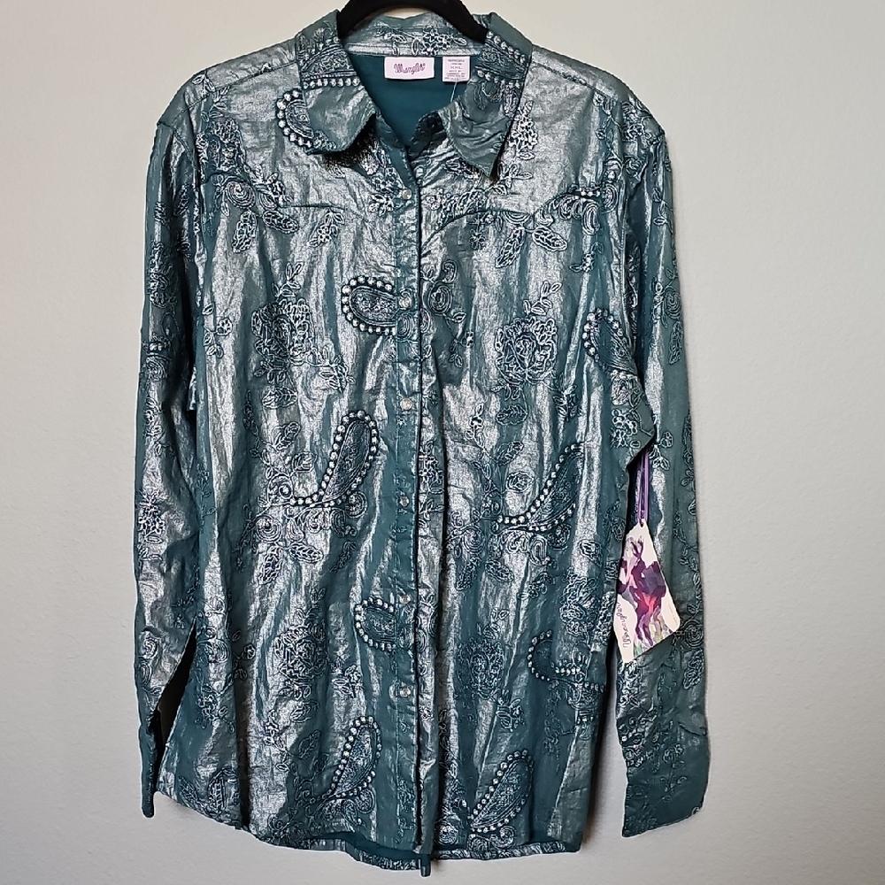 Wrangler Metallic Teal Floral Paisley Button Down Long Sleeve Shirt NWT XXL